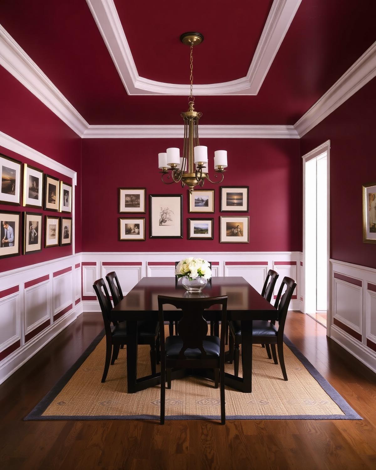 Deep burgundy dining room with gallery wall