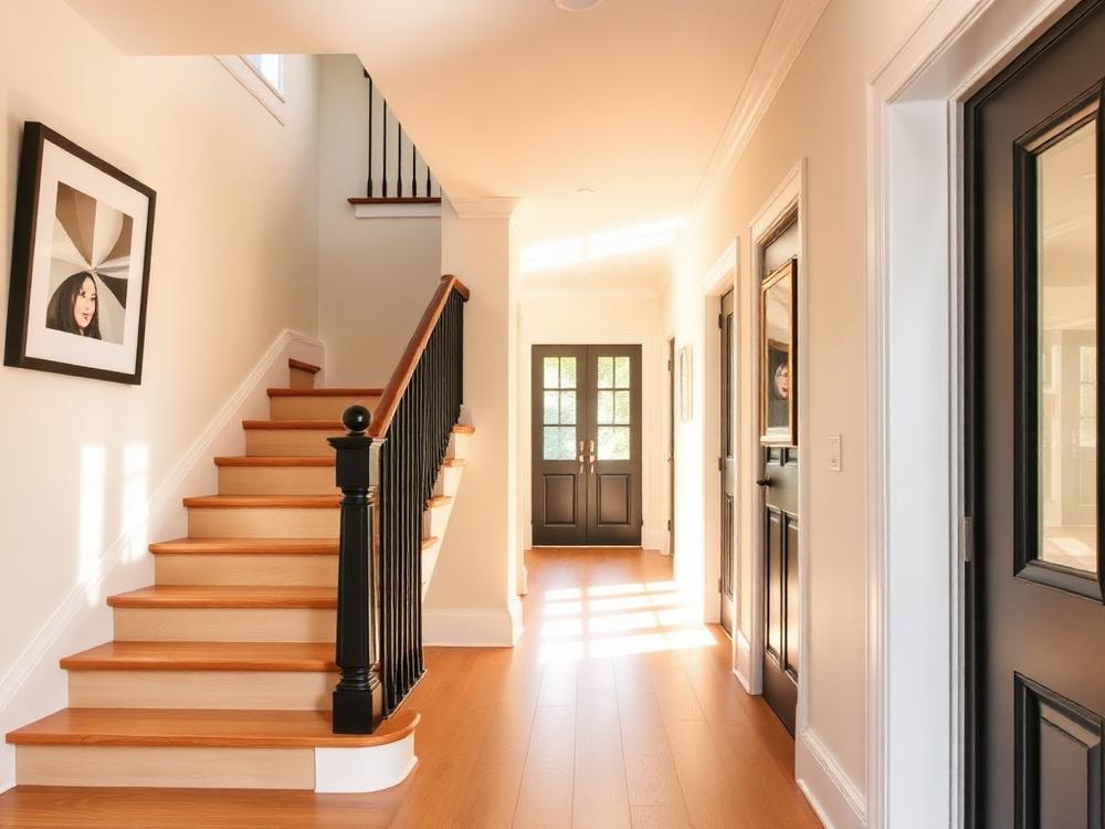 Bright hallway with painted stair spindles and warm walls